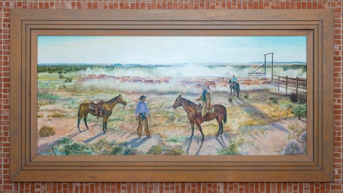 Painting of men and horses in the countryside.