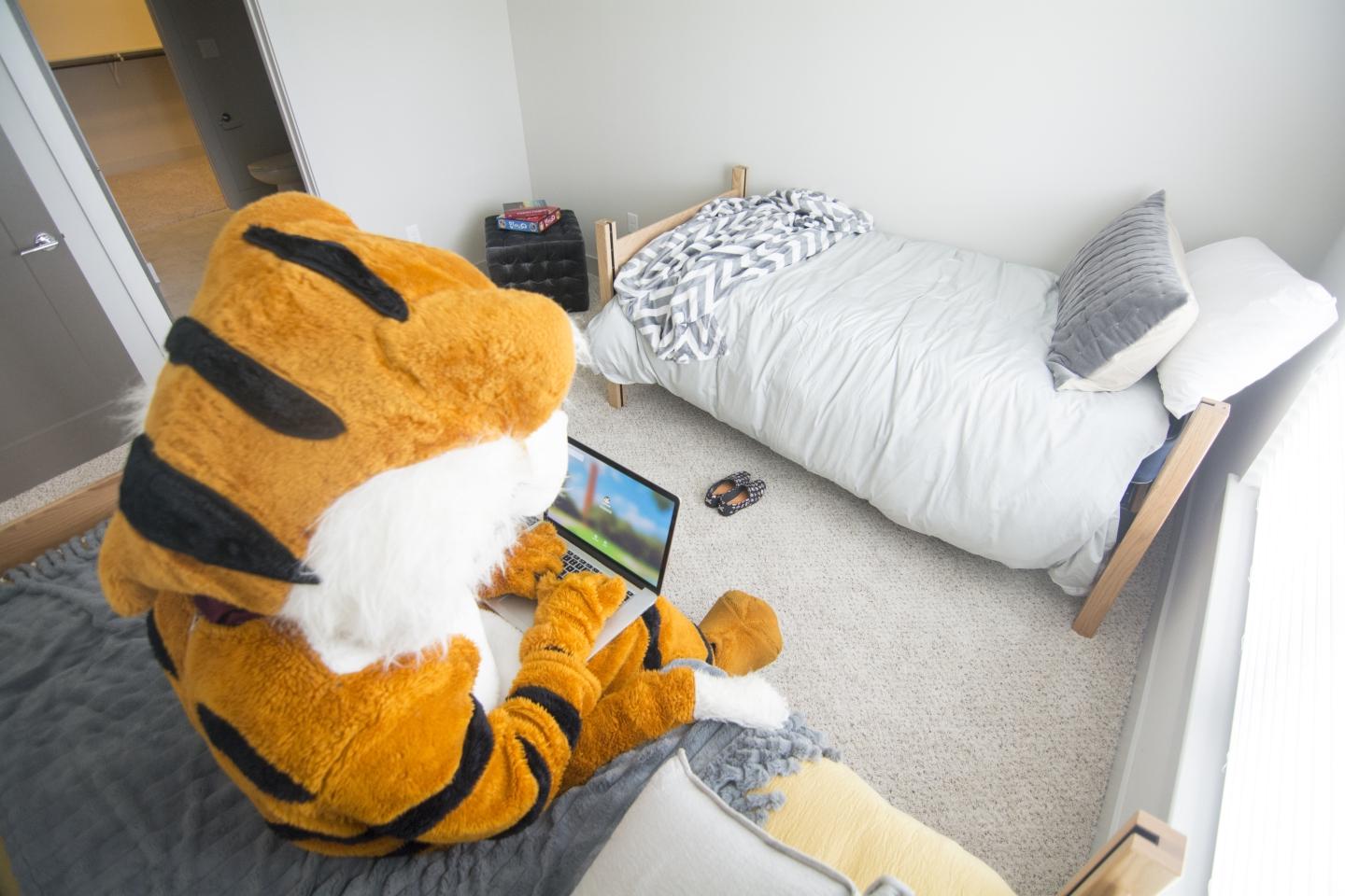 image of Leeroy sitting on bed working on a laptop