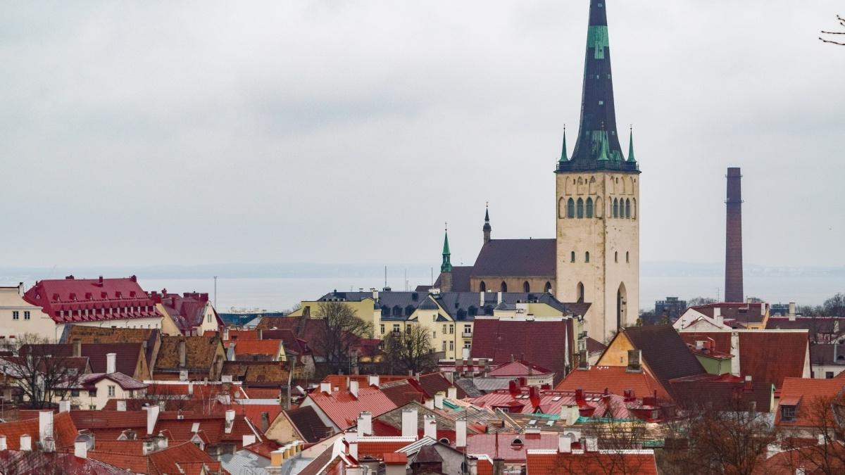 The spire of St. 爱沙尼亚塔林的奥拉夫教堂高耸于城镇建筑之上 