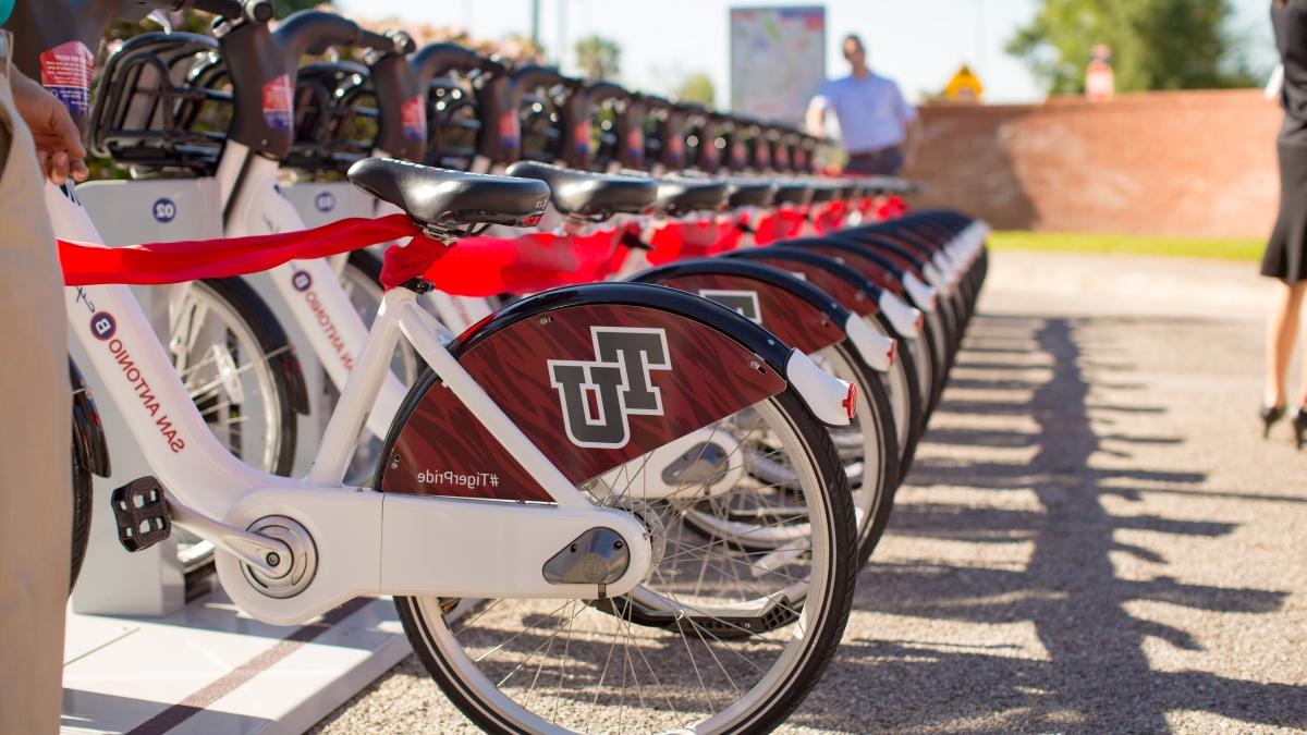a row of bicycle back tires display the TU logo