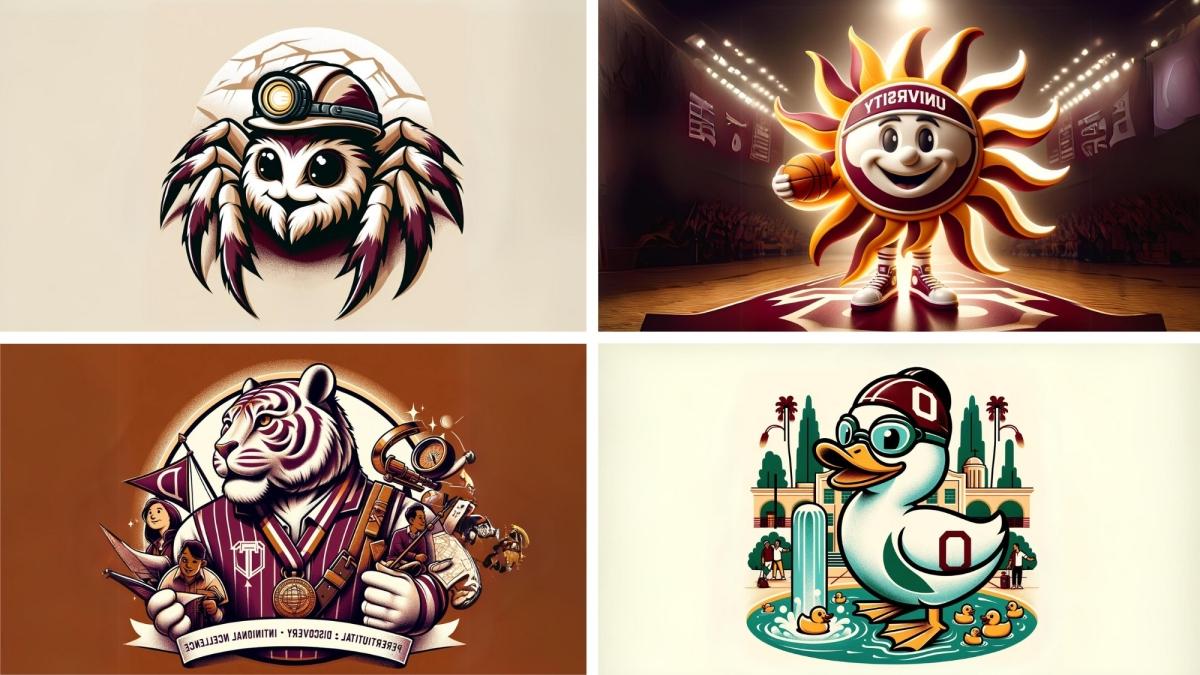 a collage of four ai-generated alternate 赌博娱乐平台网址大全 mascots, fromt left to right: a sun, 蜘蛛, 鸭, 和老虎.