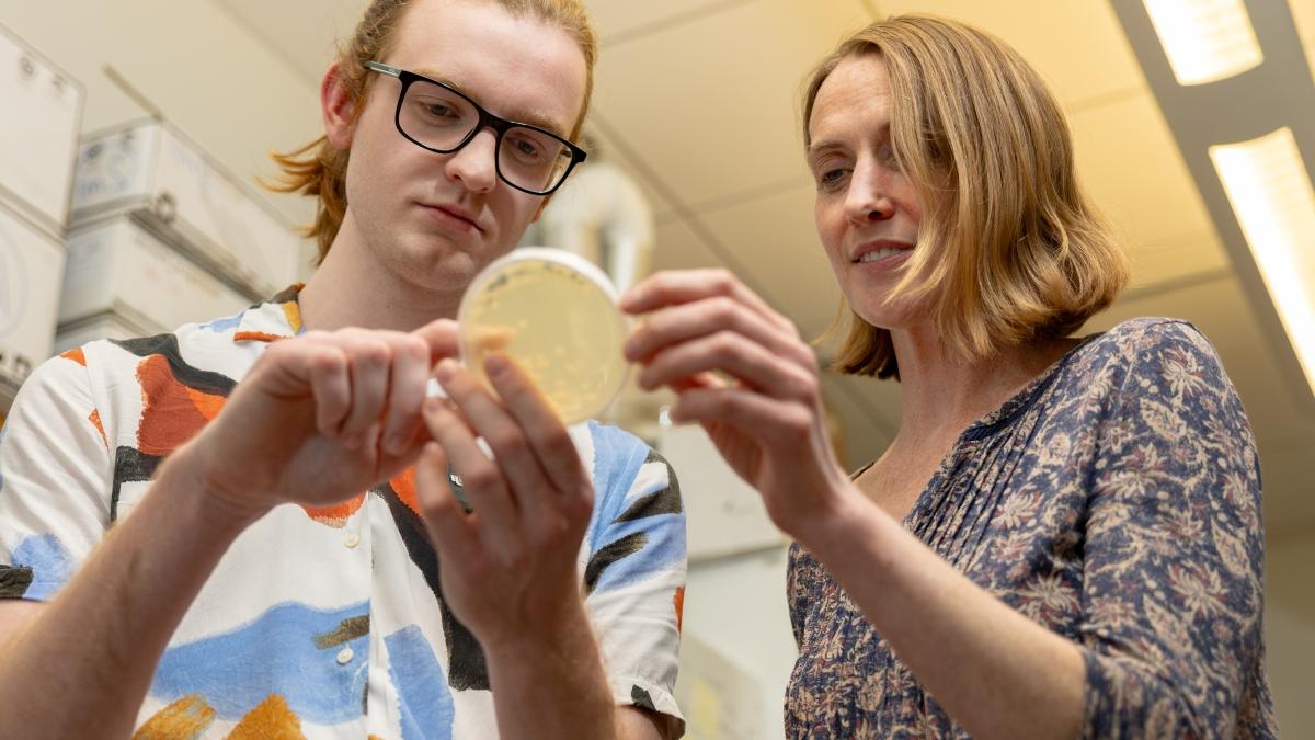 photo of a student and a professor looking at a petri dish